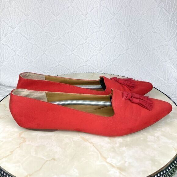 J. Crew Tassel Loafers Womens Size 9 Red Microsuede Pointed Toe Slip On Shoes - Picture 1 of 12